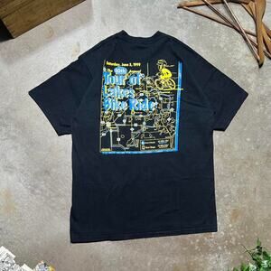 Vintage 90s Tour Of Lakes Bike Ride Nature Tee Large Black Blue Lake Map Shirt